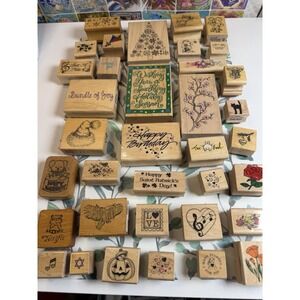 Lot of 36 Wooden Rubber Stamps Holiday Birthday Floral Animals Crafts